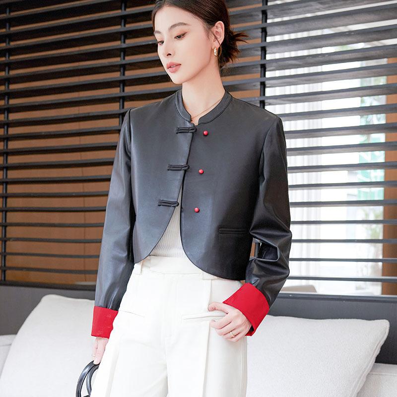 New Chinese Style Genuine Leather Jacket Women's Small Stand Collar Short Contrast Color Jacquard First Layer Sheepskin Jacket