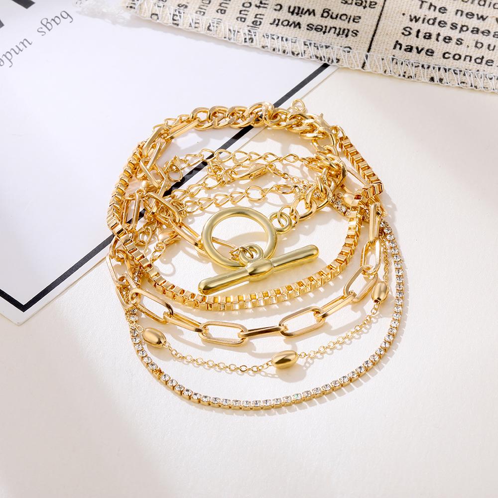 5 Pcs/Set Punk Gold Zircon Thick Chain Bracelet Female Bohemian Geometric Chain OT Buckle Bracelet Set Jewelry Girl Party Gift