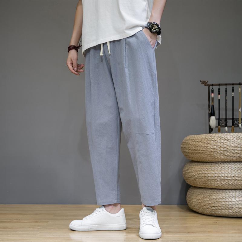 Весенние мужские однотонные свободные брюки из хлопка и льна в китайском стиле с девятью точками, модные повседневные спортивные брюки