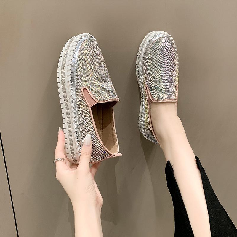 Весна 2025 года, новые повседневные туфли с одной педалью, толстая подошва, круглые туфли, женские мокасины со стразами, одинарные туфли, большой размер