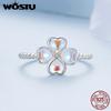 WOSTU 925 Sterling Silver Rainbow Moonstone Four Leaf Clover Ring Women Shiny Open lucky Rings Girl Party Birthday Jewelry Gift