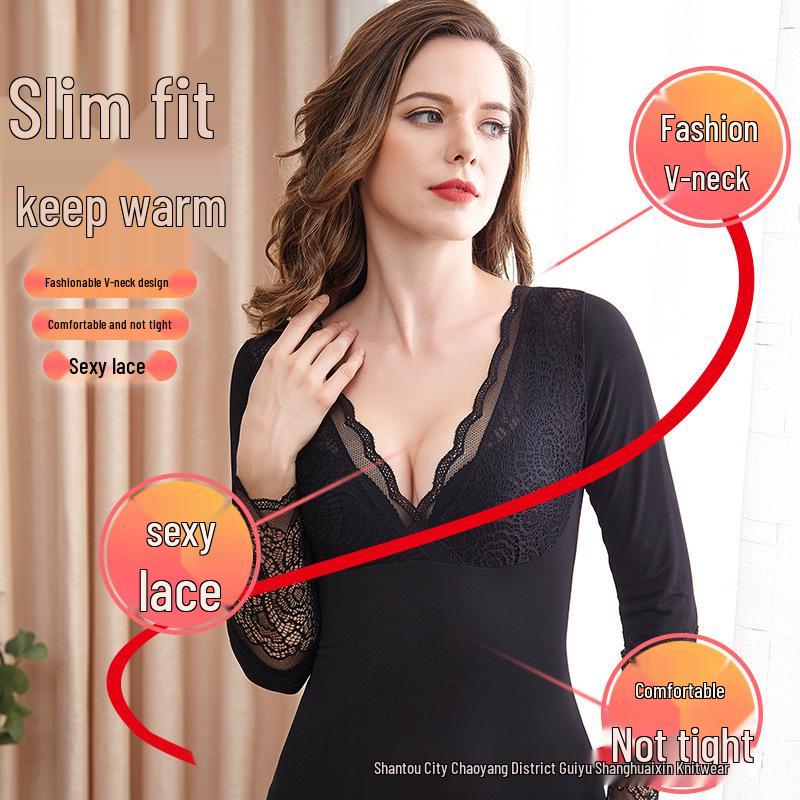 Топ в корейском стиле облегающего кроя с V-образным вырезом, на флисовой подкладке, тепловой, кружевной для женщин