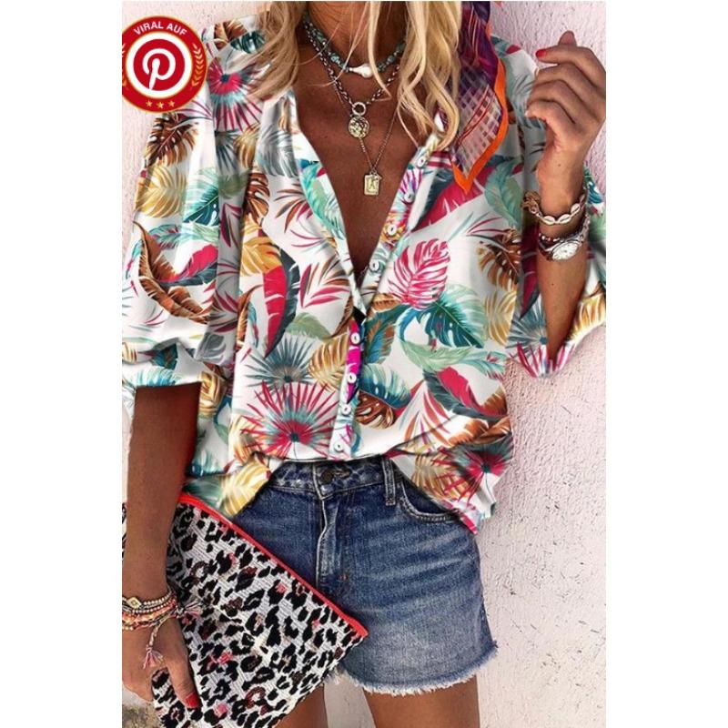 Летняя мода Стойка воротник Свободный крой На пуговицах Ретро принт Повседневные Рукава семь восьмых Женские блузки и рубашки