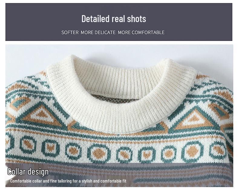 Этнический круглый вырез пуловер 2025: Толстый свободный корейский свитер для пары