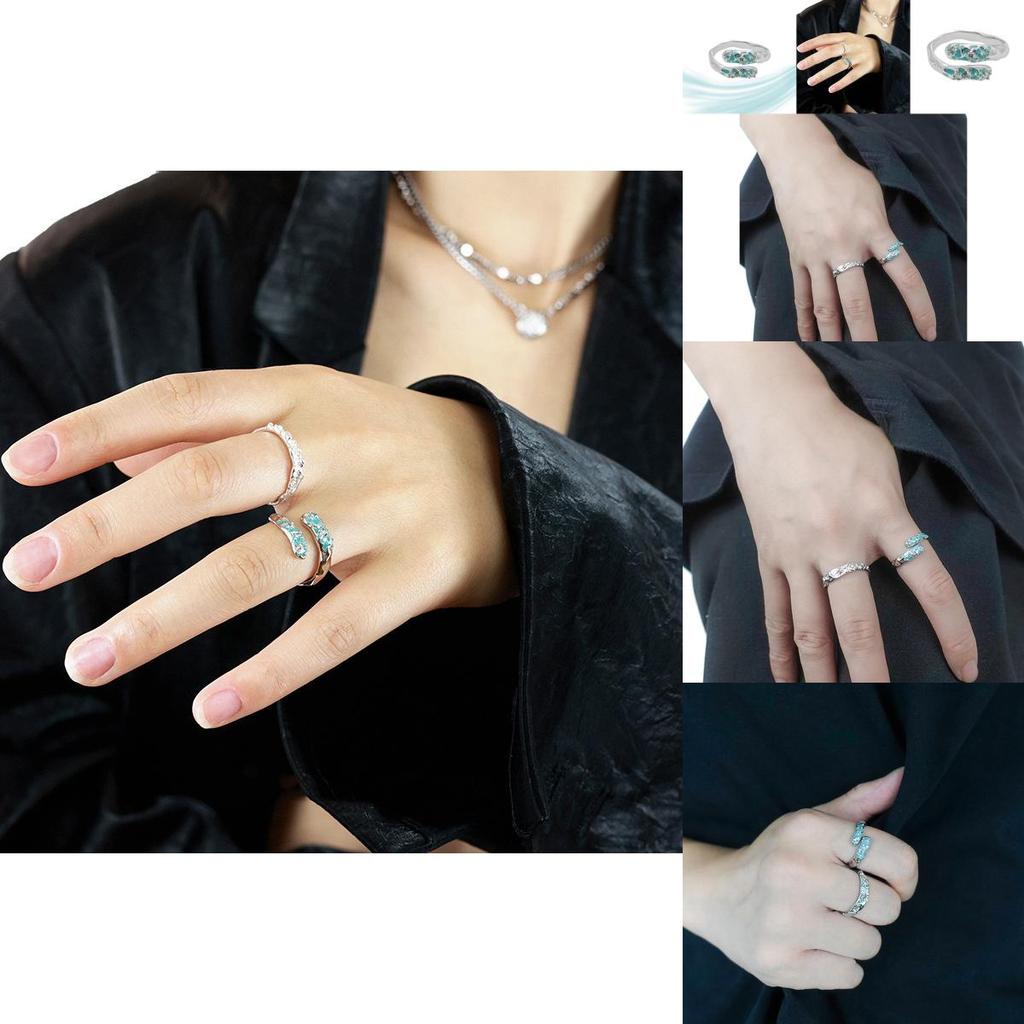 Elegant Adjustable Geometric Copper Ring With Teal Blue Resin And Zircon Embellishments