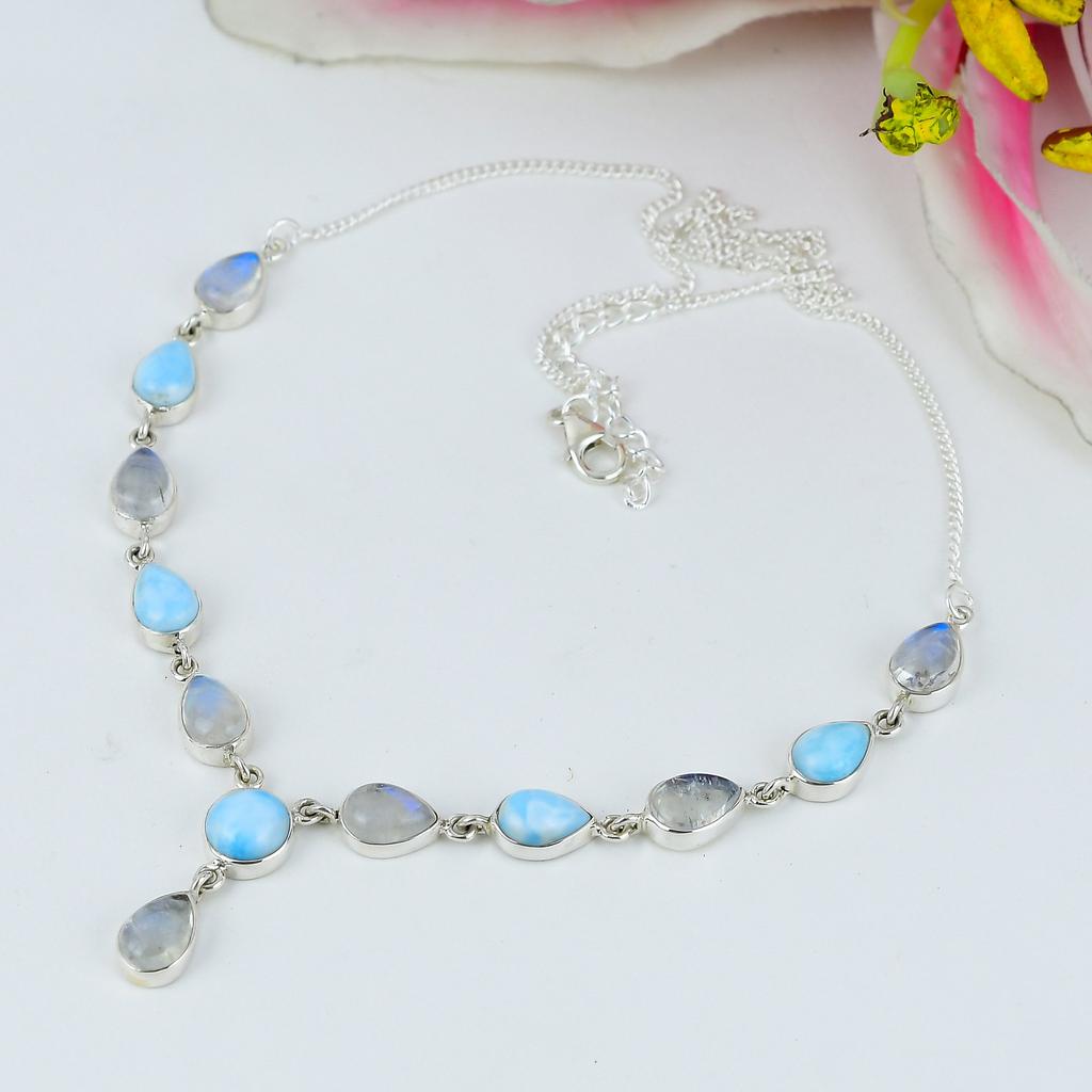 Natural Rainbow Moonstone, Larimar Gemstone 925 Solid Silver Necklace 18" N3C01
