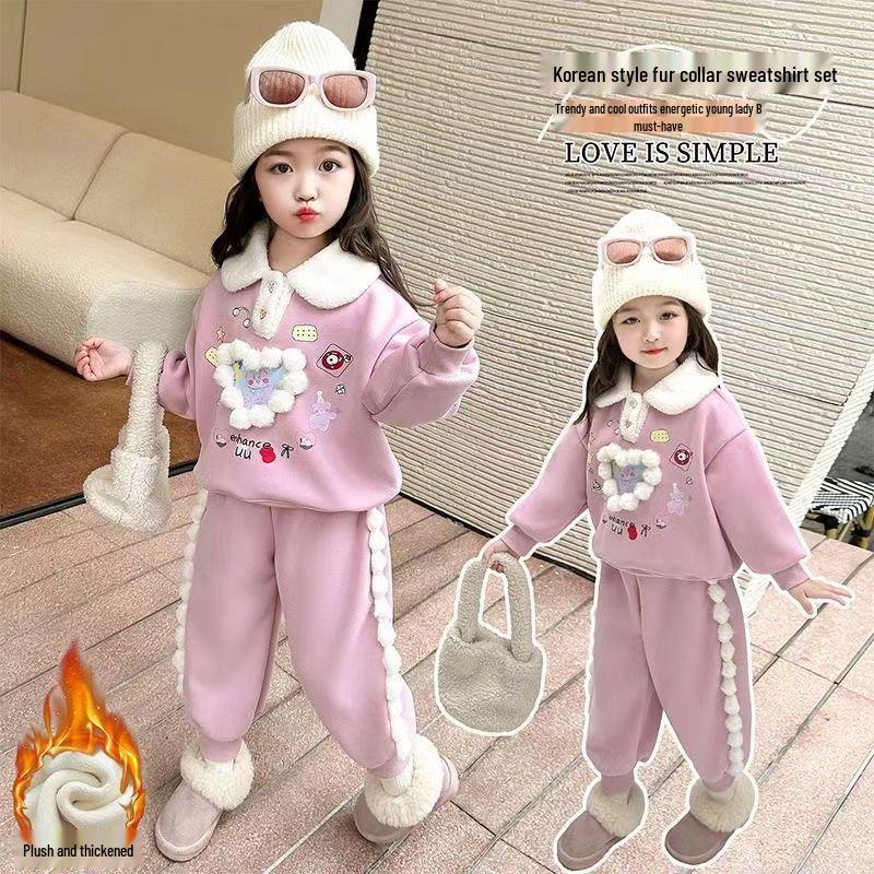 2024 Korean-Style Fleece-Lined Sweatshirt Set for Girls - Winter Fashion
