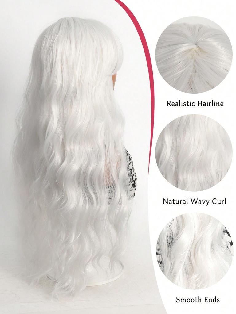 White Long Wig for Women 28 Inch Curly Wig Wavy Bangs Wig for Cosplay Party Halloween Christmas Daily Use