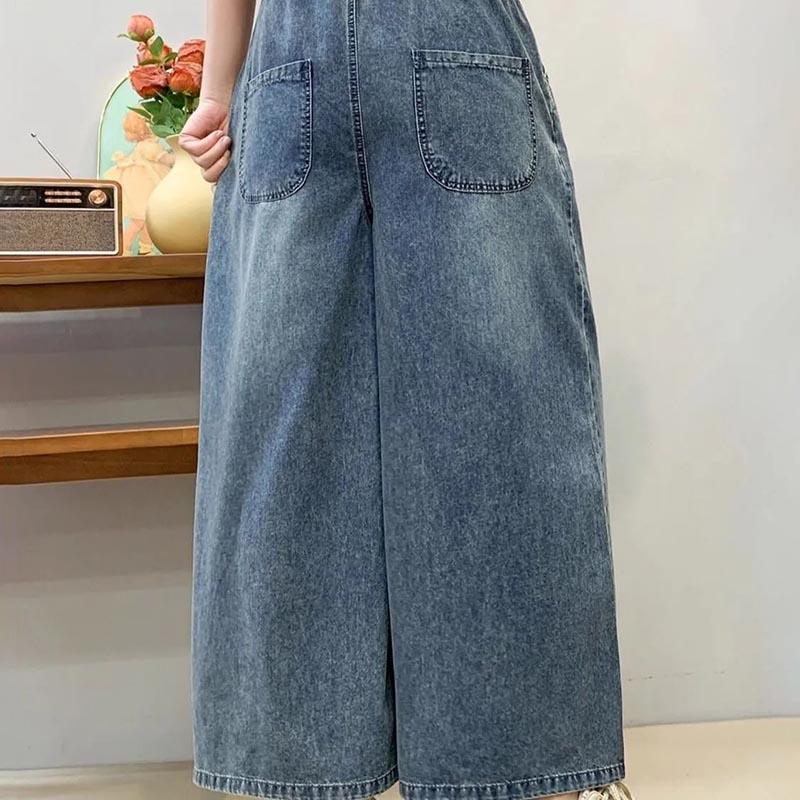 Летние хлопковые брюки женские больших размеров, свободные джинсовые брюки, универсальные повседневные джинсы с высокой посадкой и широкими штанинами
