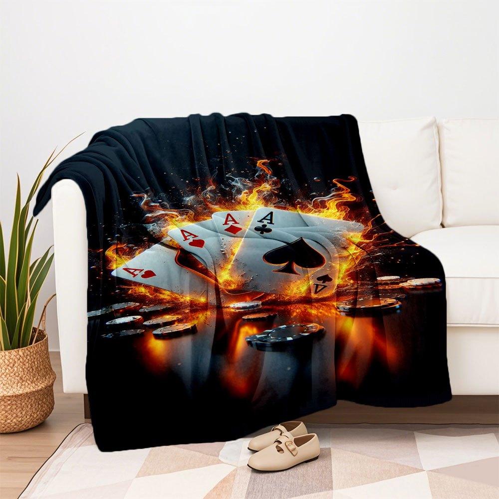 "Flaming Poker Night: Ace Cards & Casino Chips Set"Blanket Flannel Throw Blanket for Sofa, Bed, Travel, Camping, Office