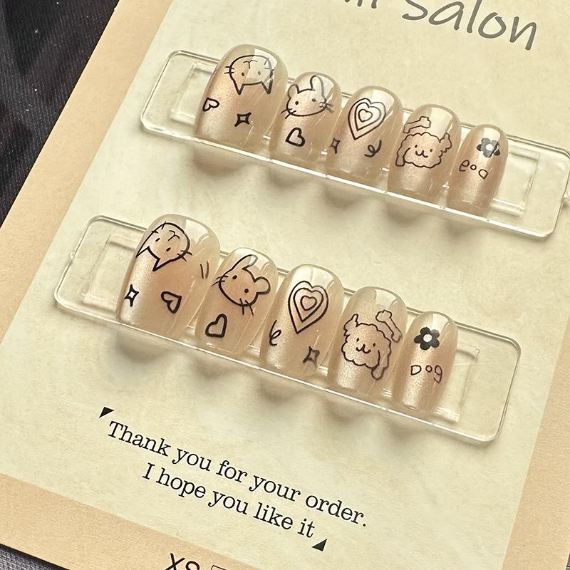 10 Pcs Cute Cat Dog Graffiti Hand Painted Short Cat Eye False Nails With Heart Decor Reusable Kawaii Press On Nails