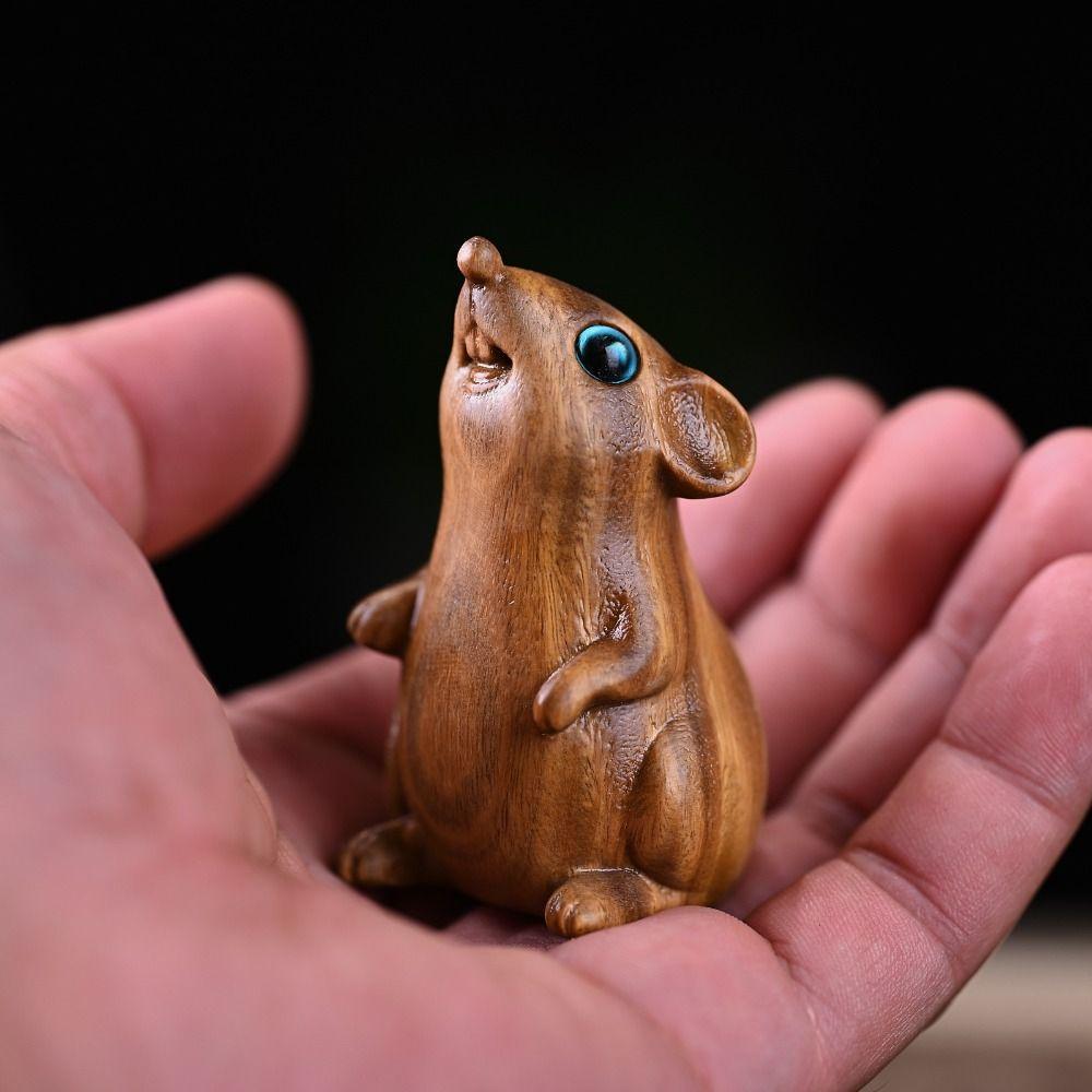 Wood Carved Zodiac Mouse Statuette Cute Animal Figurine Sculpture Crafts Hamster Statue Cabinet