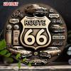 Винтажная металлическая настенная табличка Route 66 Ретро Классические автомобили Мотоцикл Ностальгические эмблемы Дайнера 2D Круглая алюминиевая жестяная табличка для декора дома, бара, гаража