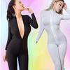Dame Black Stripe See-through Jumpsuit Smooth Fiber Long-sleeve Jumpsuit