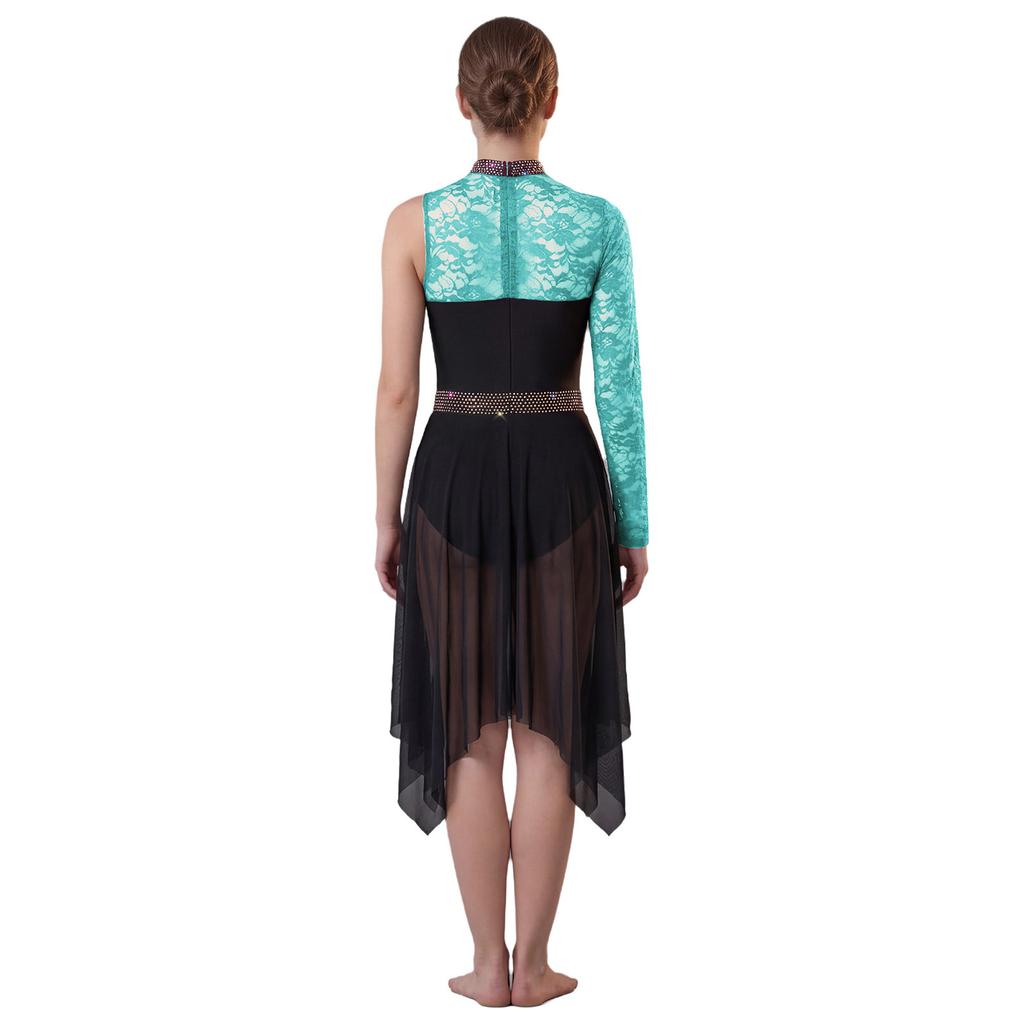 Womens Lyrical Dance Asymmetrical Bodysuit Dress Single Long Sleeve Floral Lace Irregular Hem Skirt