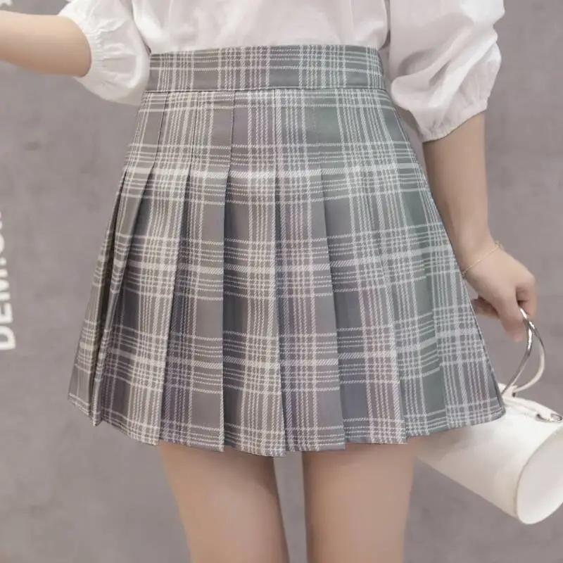Women Mini Pleated Skirt Casual Loose Plaid Skirt Korean Style A-Line Skirt High Waist Skirt