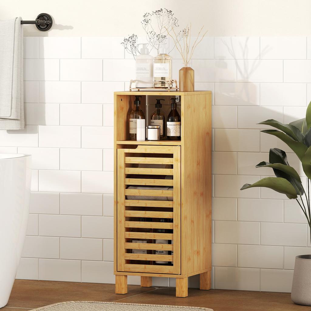 Bathroom cabinet, open shelf, cabinet, bamboo wood, louvered door, light brown