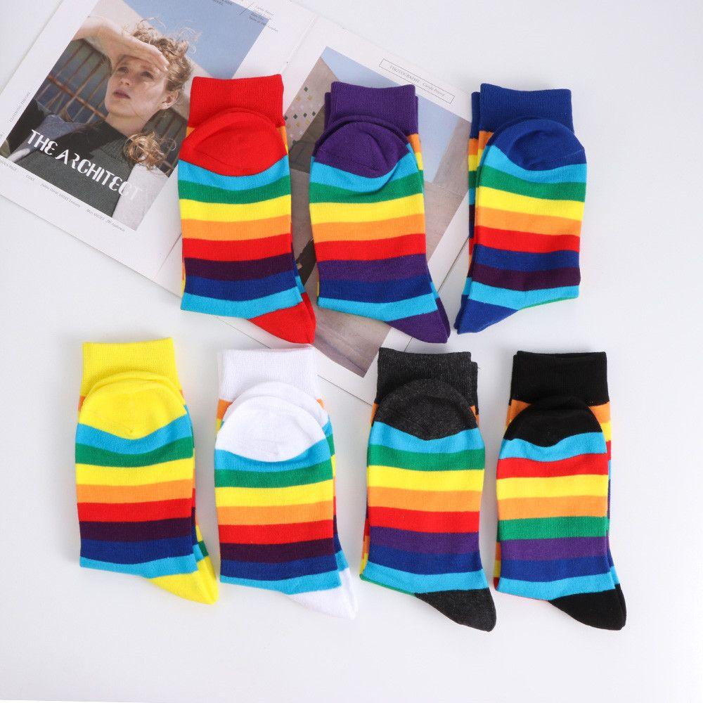 Street Skate Casual Sports Elasticity Sweat Retro Harajuku Long Sock Cotton Socks Rainbow Striped