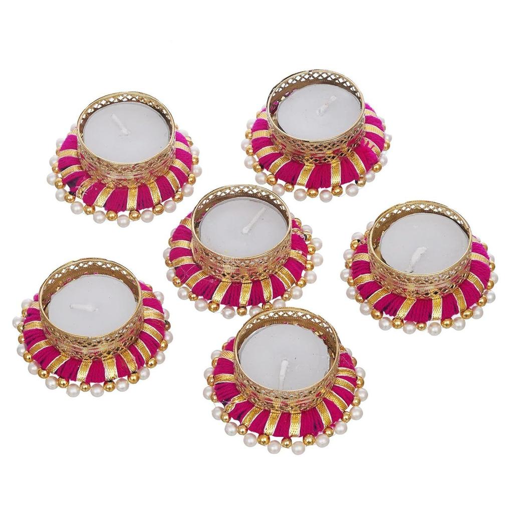 Set of 6 Pink & Golden Round Shaped Beaded Decorative Tea Light Candle Holders - Perfect for Diwali, Navratri, and Christmas Festivals