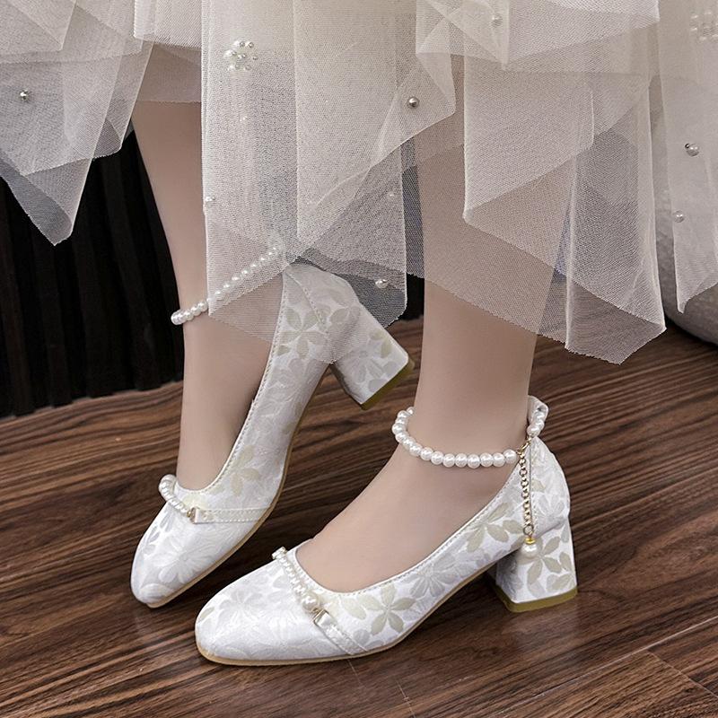 High Heels Women's 2025 New Chinese Pearl Chain Antique Mary Jane Shoes Square Head Light Mouth Thick Heel Single Shoes Women