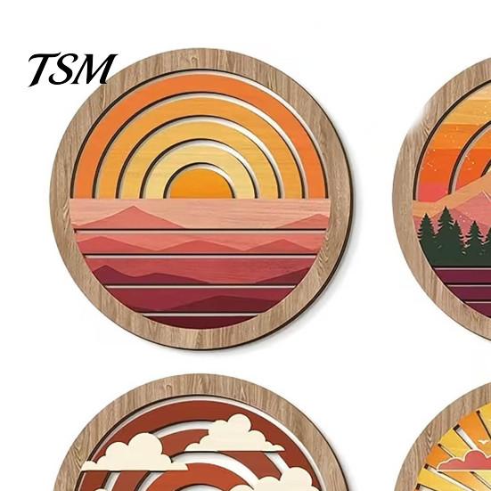 Minimalist Landscape Wall Panels 4Pcs Boho Sunset Art, Abstract Round Hanging Ornaments, Retro Art Wooden Decor for Living Room Bedroom Hallway