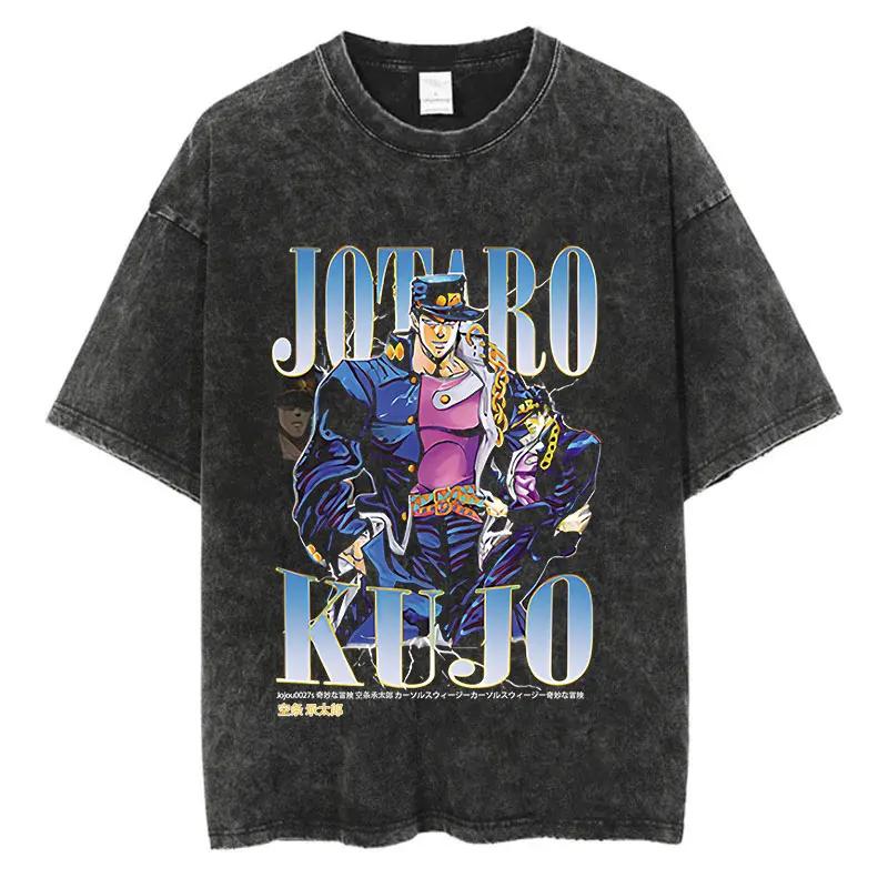 Винтажная стираная футболка мужская летняя хип-хоп уличная футболка JoJo's Bizarre Adventure аниме принт хлопок повседневная с коротким рукавом футболка