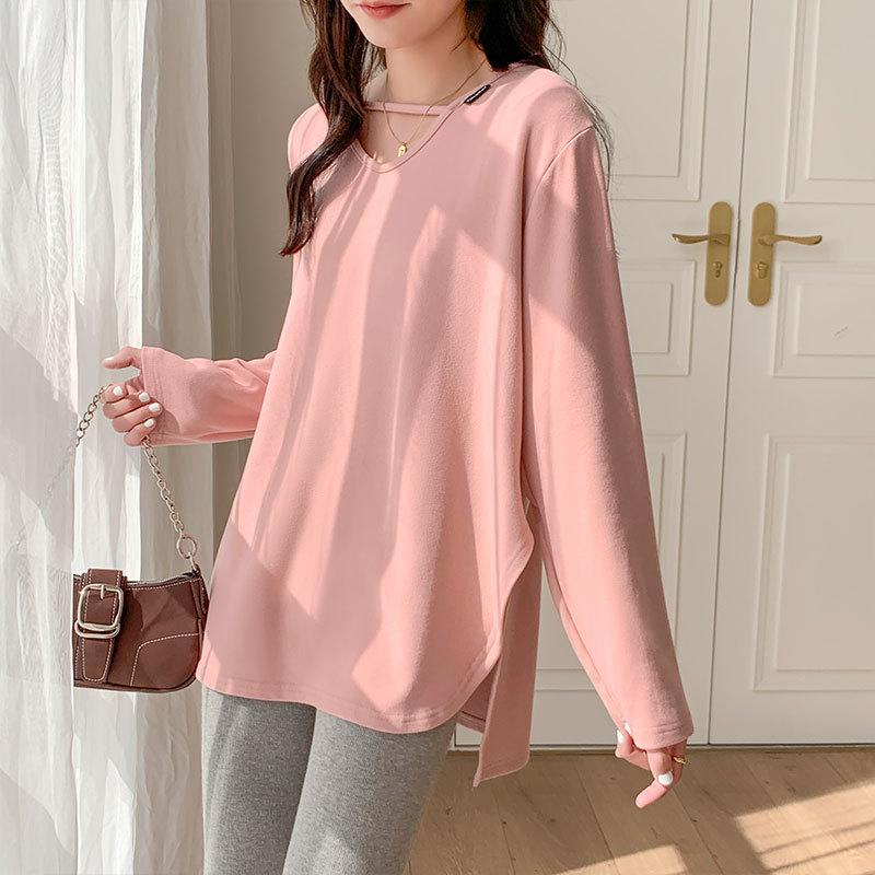 Хлопковая футболка средней длины с v-образным вырезом, женская футболка с длинными рукавами, весна и осень, свободные открытые топы в иностранном стиле