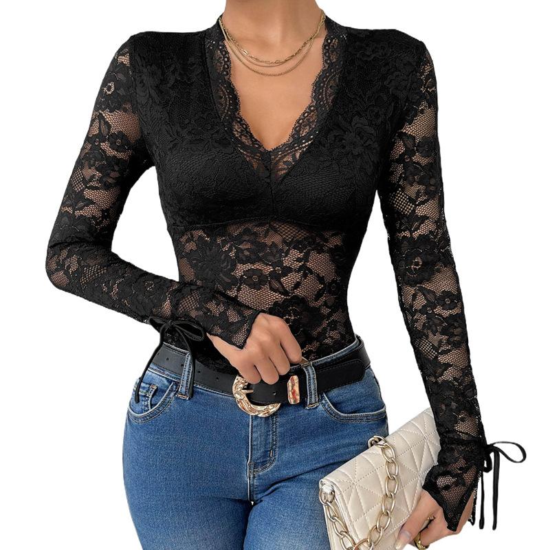 Женский комбинезон с кружевом и лоскутным кроем, с длинным рукавом и V-образным вырезом, сексуальное черное боди