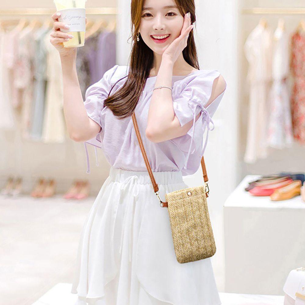 Модная женская богемная пляжная сумка через плечо с карманом для телефона, соломенная сумка-мессенджер на одном плече