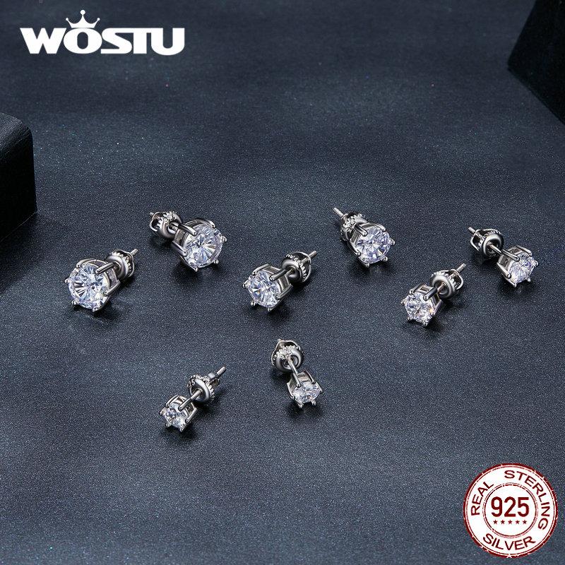 WOSTU Basic Wedding Crown Stud Earrings Solid 925 Sterling Silver Clear Cubic Zirconia Women Engagement Studs Earring 5-8 MM