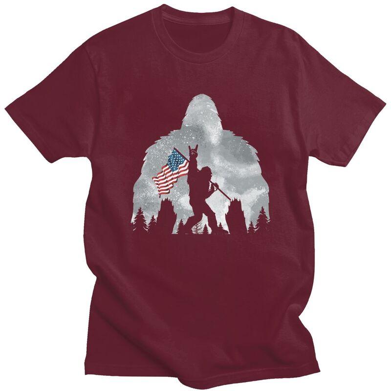 Custom Funny Bigfoot American Flag Tshirts for Unisex Short Sleeve T Shirt Cool T-shirt Pure Cotton Tee Gift Idea