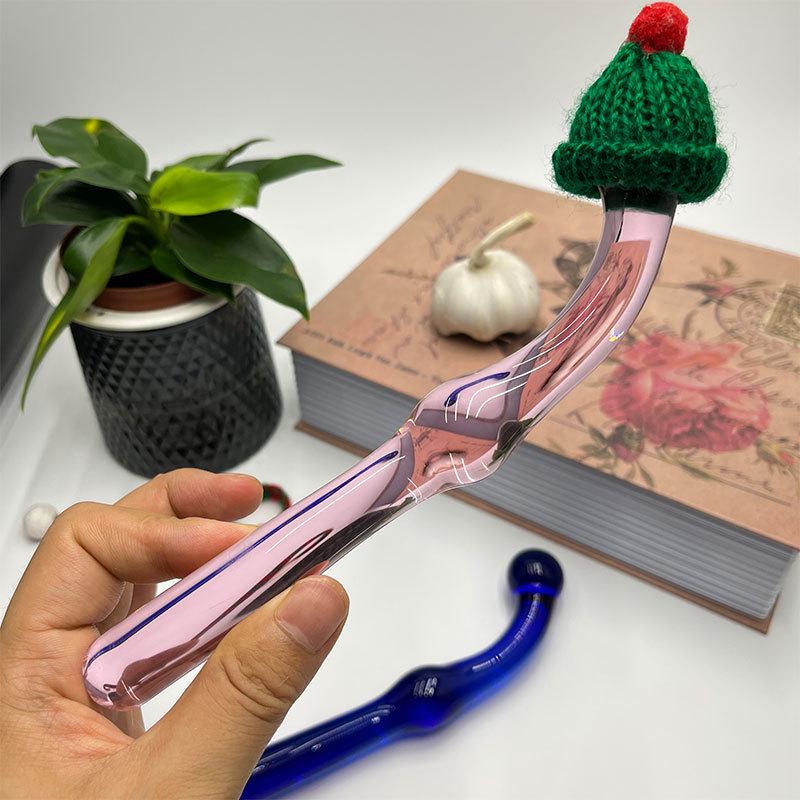 Стеклянная пробка-заглушка на присоске с вязаной шапкой в розовом и синем цветах, из высокоборосиликатного стекла