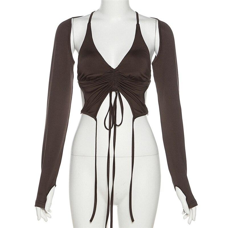 Женская футболка на шнуровке с длинным рукавом и открытой спиной Y2k, сексуальный укороченный топ, модные уличные рубашки с лямкой на шее, тонкая женская блузка 26239