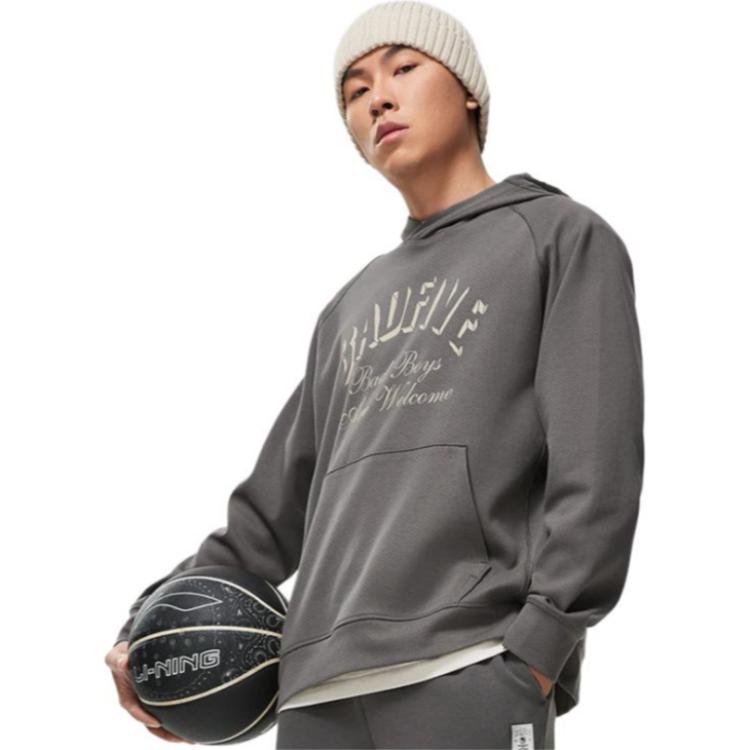 Li Ning Badfive Письменный принт Пуловер Толстовка Унисекс Толстовка Уличный-серый AWDT887-3