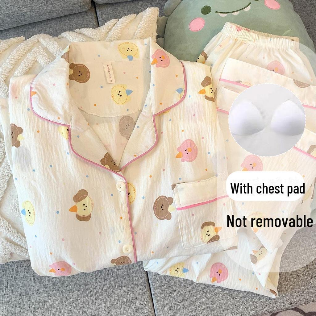 Женский пижамный комплект из хлопка в горошек: Кардиган с длинными рукавами и нагрудными накладками на весну и осень