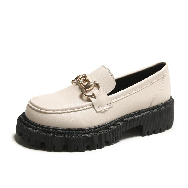 Толстые лоферы, женские туфли на платформе из натуральной коровьей кожи, с круглым носком, с металлической цепочкой, без шнуровки, женские туфли на плоской подошве, ручная работа, 2024