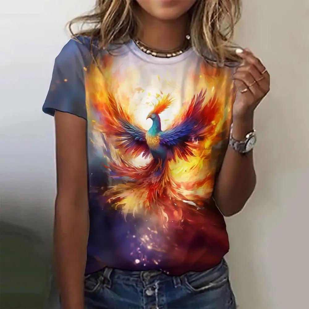 Летняя женская футболка с модным узором «Феникс», топ с короткими рукавами, свободный топ с круглым вырезом, женская футболка для вечеринок