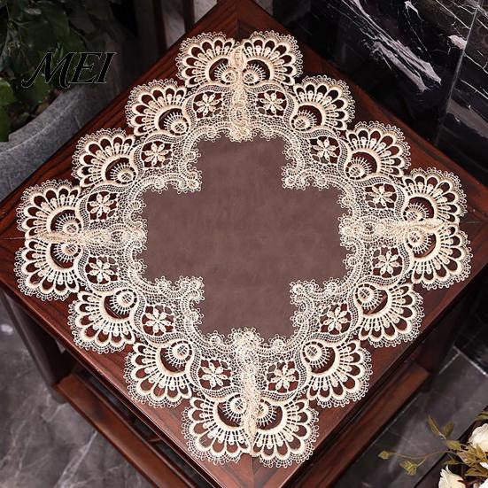 Nightstand Protector Square Lace Cover, Vintage Style Side Table Waterproof Bedside Heat Insulation Mat for Coffee Spill Resistant Cover