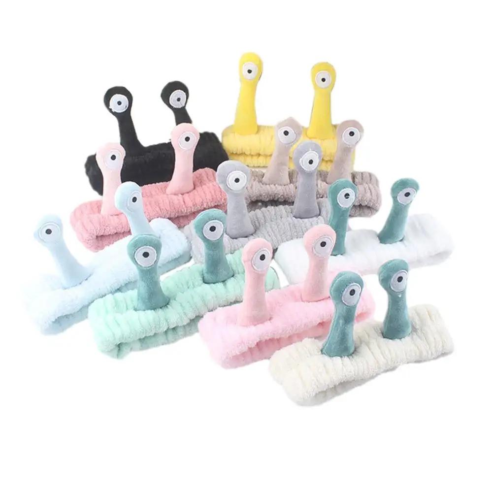 Мультяшная повязка на голову с большим глазом улитки, повязка для мытья лица, симпатичная эластичная повязка для макияжа, мягкая повязка для волос из кораллового флиса для женщин и девочек