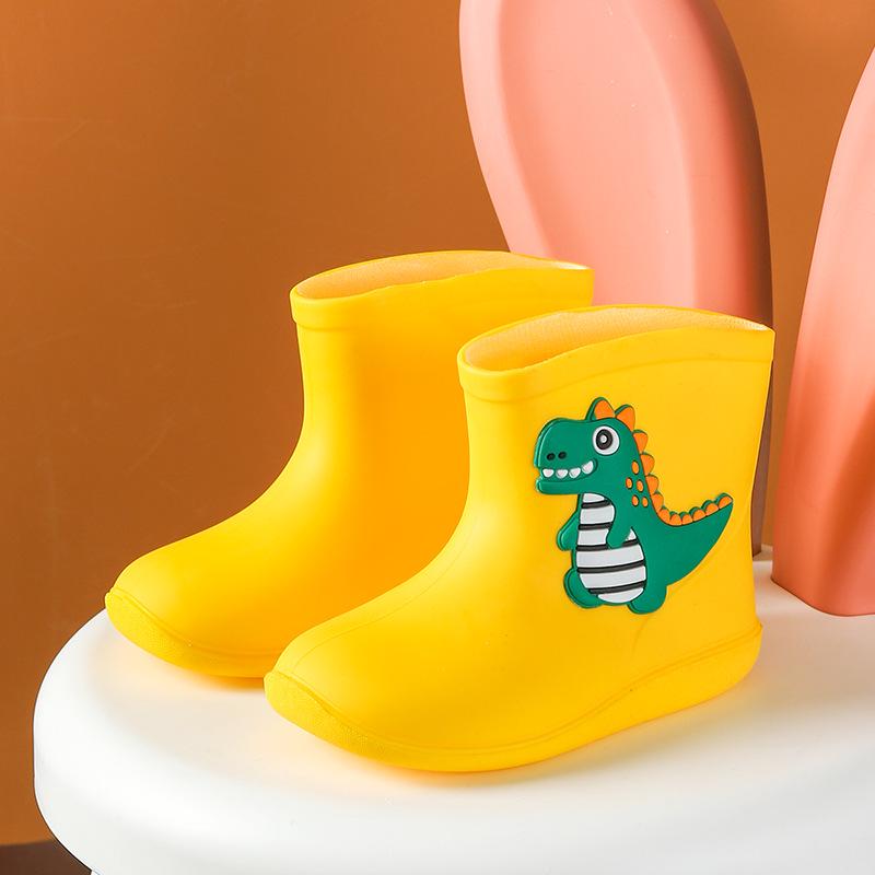 Детские непромокаемые сапоги с мультяшным динозавром, со шнурком, на хлопковой подкладке, для мальчиков и девочек, идеально подходят для детского сада.