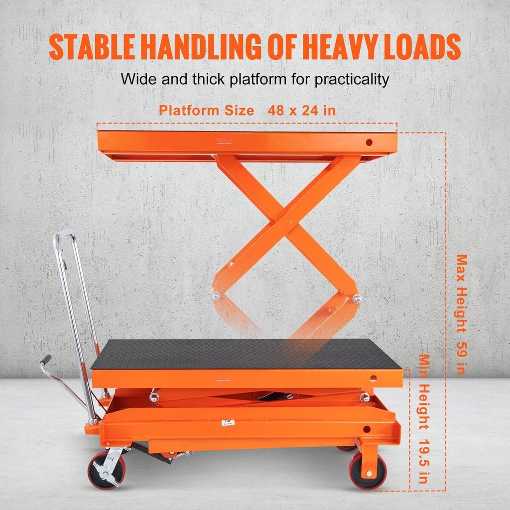 Hydraulic Lift Table Cart, 1760lbs Capacity 59" Lifting Height, Manual Double Scissor Lift Table with 4 Wheels and Non-slip Pad, Hydraulic Scissor