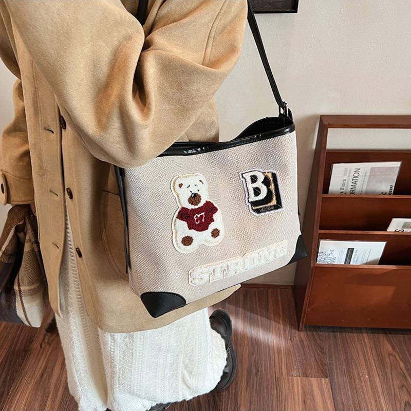 Винтажная сумка-тоут с рисунком медведя, большая вместимость, женская сумка через плечо, модная универсальная школьная сумка для девочек-подростков