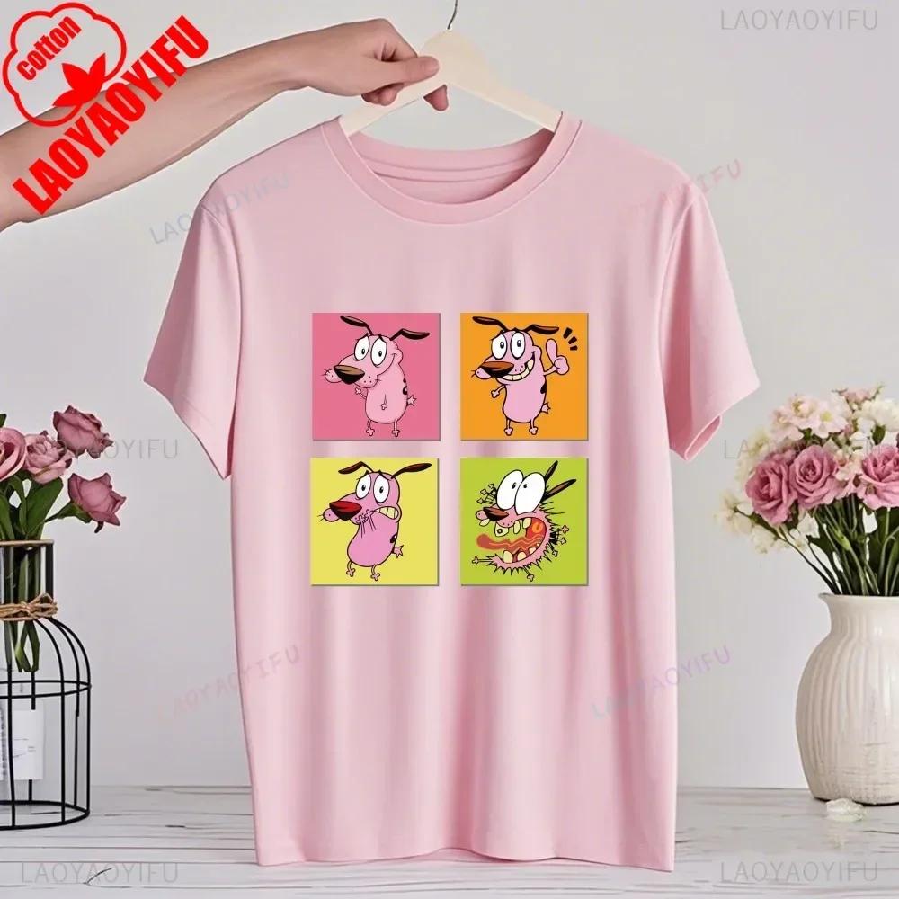 Мультяшная футболка 90-х «Кураж — трусливый пес» Ретро Уличная мода Летняя одежда Топы Подарок Мужчины Женщины Пара Хлопковые футболки
