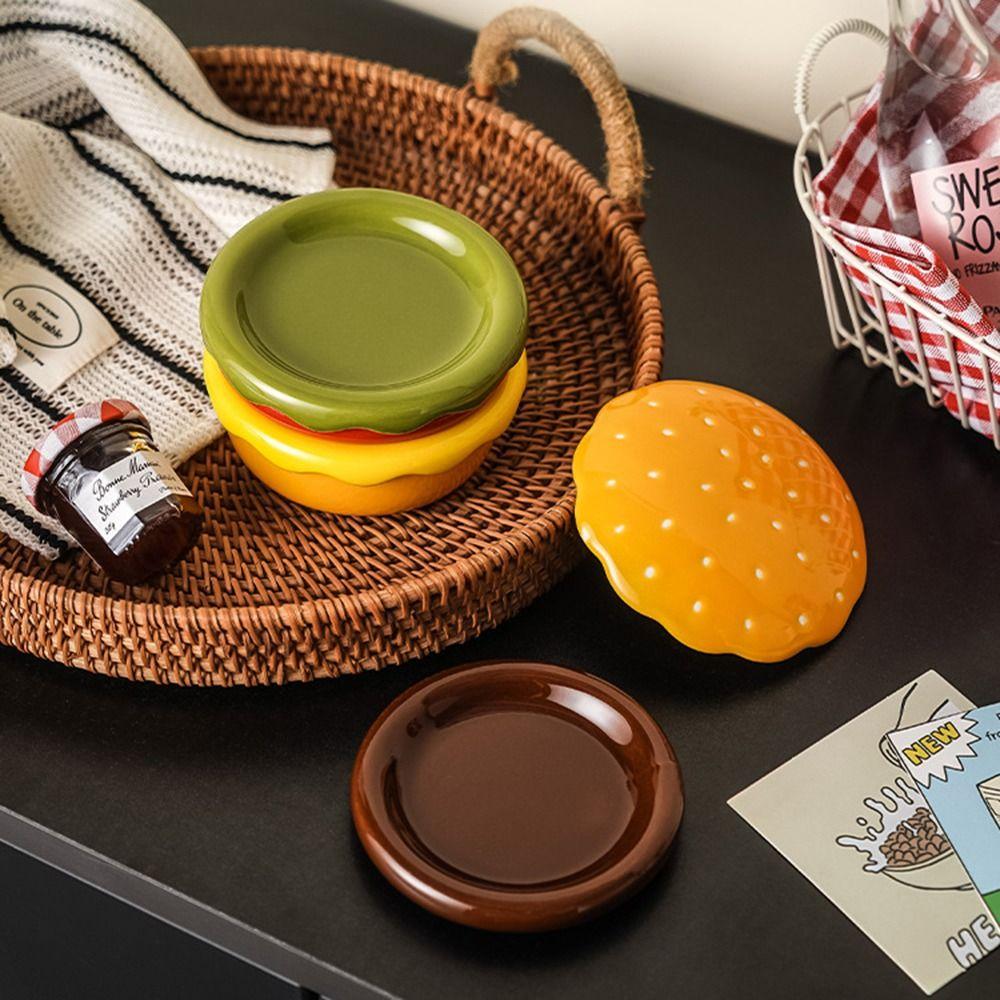 Food-grade Glaze Burger Shape Ceramic Plate Set Stackable 6-Layer 6 in 1 Sauce Bowl Set Space Saving Easy To Clean