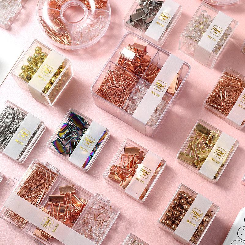 Набор из розово-золотых кнопок и скрепок с длинным хвостом — креативный офисный комплект