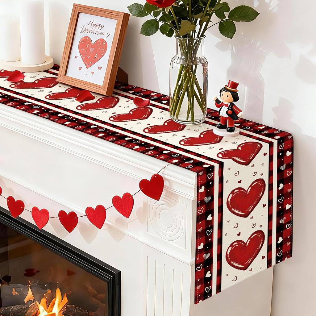 Artscope Buffalo Plaid Love Hearts Valentine's Day Table Runner, Anniversary Wedding Holiday Kitchen Dining Table Decoration for Valentine Home Decor