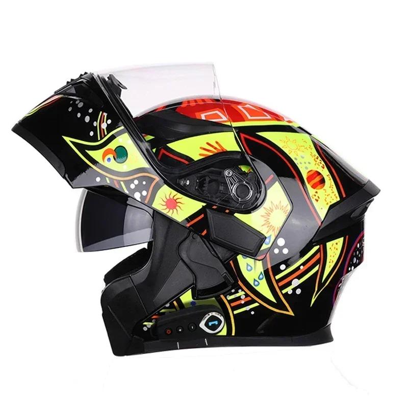 NEW Bluetooth Helmet Flip Up Visor Dual Lens Casco Moto Cool Motorcycle Helmet Full Face Casco Black Motorbike Helmets Modular