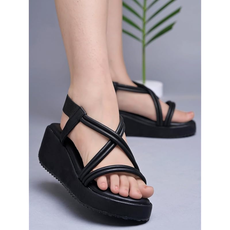 Shoetopia Женские и детские черные босоножки на танкетке Однотонный дизайн с перекрещивающимися ремешками Стильные, удобные, прочные каблуки Идеа