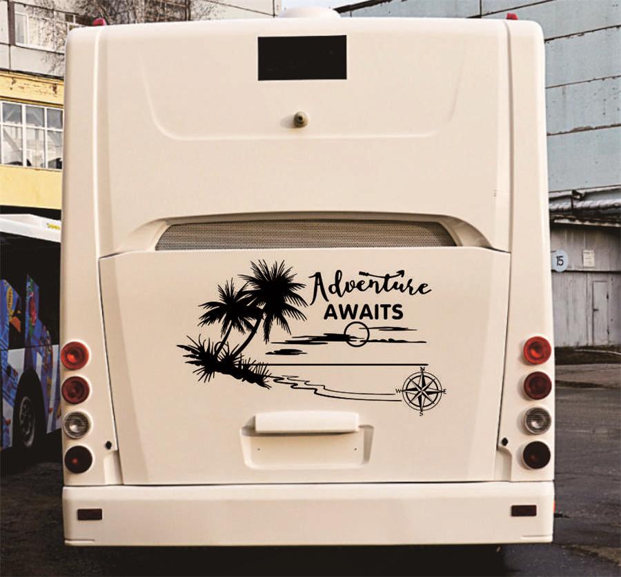 Caravan Camper Van Stripe Graphic Coconut Tree Scenery Vinyl Decal Sticker Set