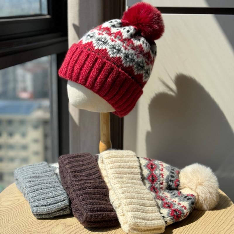 Women S Fair Isle Christmas Knit Hat With Pom Pom Earmuff Warm Cute Beanie